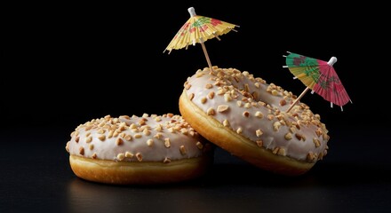 Delicious donuts coated with vanilla glaze and sprinkled with chopped nuts decoration
