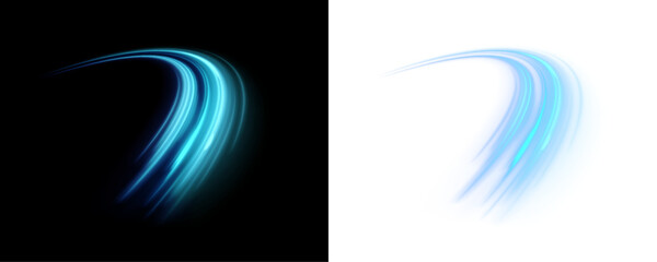 Blue stripes in the form of a drill, twists and swirls on a white and black background in format vector and png for your design. Wavy swirls, swirls, dynamic twisting lines.