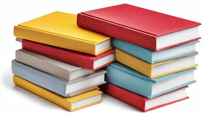 Two stacks of bound books in varying colors stacked atop a white surface