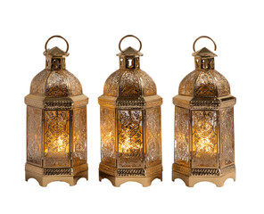 Three gold-toned decorative lanterns.  Each octagonal lantern has a frosted glass-like appearance with intricate, decorative patterns.  A warm light source is visible through the glass