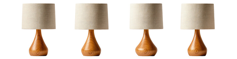 Four simple, light beige-shaded table lamps with wooden bases
