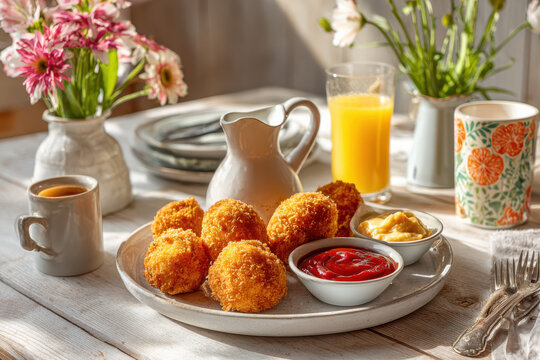 delicious breakfast with fried snacks and orange juice
