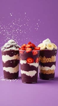 a&ccedil;a&iacute; in a cup with strawberry, powdered milk, granola, and banana with a lilac background