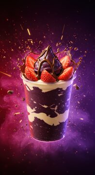 a&ccedil;a&iacute; in a cup with strawberry with a photographic background