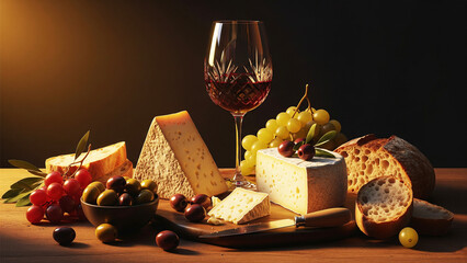 Wine and Cheese Still Life with Grapes and Bread