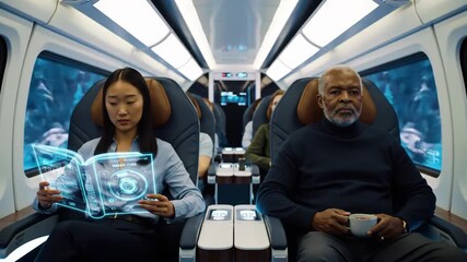 diverse passengers seated inside futuristic train, featuring augmented reality interfaces. modern design and serene mountain views outside. concept of advanced technology in travel. hyperloop cabin. - Powered by Adobe