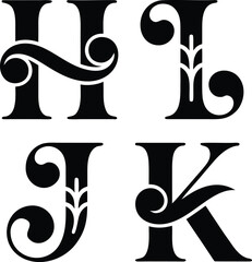 Elegant Ornate Letters H I J K Monogram Design Elements