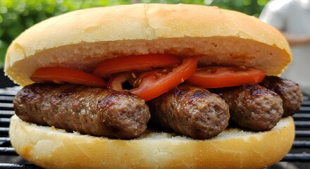 Savory Sandwich: A mouthwatering culinary composition featuring grilled sausages and sliced tomatoes nestled between a soft bread roll, offering a close-up view of a classic and satisfying meal.