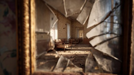 Broken window view of derelict interior
