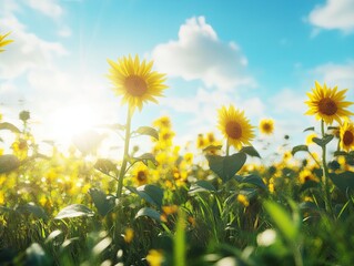 A vibrant, sunlit field with bright yellow sunflowers, symbolizing positivity, growth, and hope for individuals with Down syndrome, 