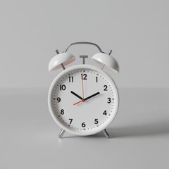 White alarm clock on a light gray surface.