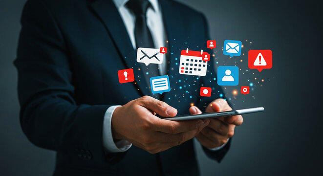 Business person using a tablet with floating app icons, representing efficient digital communication, social media, and online project management for corporate and personal productivity