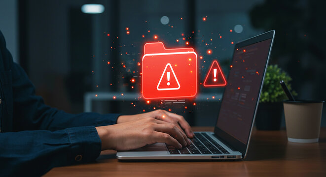 Data Breach & Cyber Security Threat: A Warning Sign of a Malware Attack and Unauthorized Access on a Laptop Screen, Highlighting Digital Risk and Protection