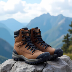 Naklejka premium A pair of hiking boots on a rock with a panoramic mountain view