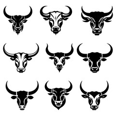 Set of Bold bull head front view solid vector logo design for strength symbols sports branding agricultural logos and powerful corporate identities