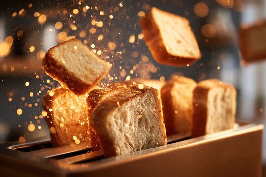 Golden toast levitates over a toaster with blurred lights in background