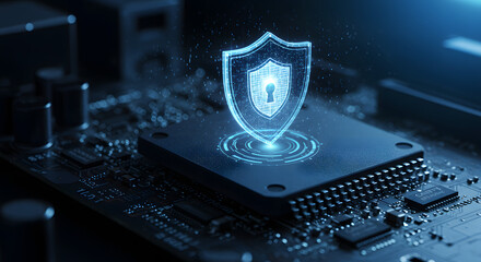 Glowing security shield over computer chip