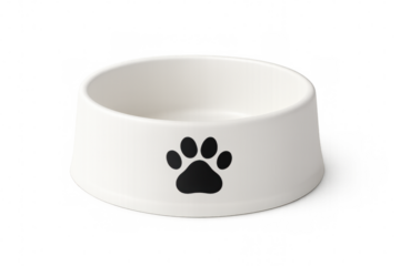 Empty white dog bowl with black paw print isolated on transparent background, perfect for pet food and animal care projects