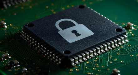 Close-up of microchip with padlock symbol on green circuit board