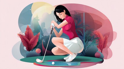 Young woman focused on golf practice under vibrant and artistic landscape with colorful foliage