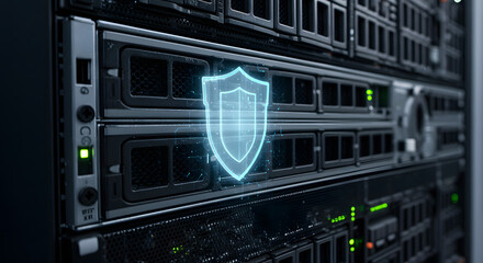 Close-up of server rack with digital shield overlay
