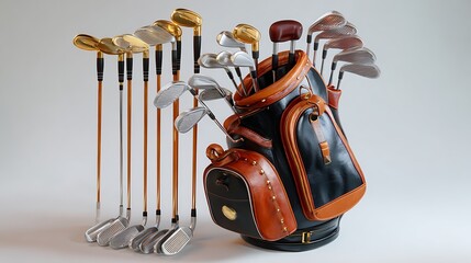 Classic golf clubs and stylish golf bag arranged in a professional indoor setting for sports enthusiasts