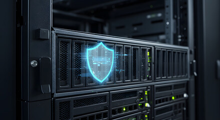 Close-up of server rack with digital security shield overlay