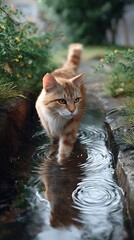 Orange Cat Walking Through Shallow Water with Reflections and Greenery in Outdoor Setting