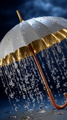 Elegant white umbrella with golden accents surrounded by falling water droplets in dramatic lighting