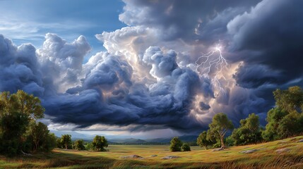 Dramatic Storm Clouds Over Scenic Landscape with Lightning in a Vibrant Sky at Dusk