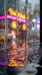 Beautiful Rain Drops Falling Down on a Window with Bright City Lights and Water Reflections at Night