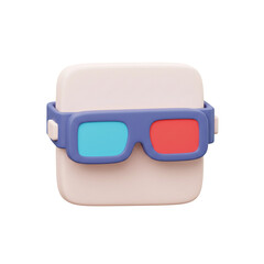 A cute cartoon block character wearing retro red and cyan anaglyph glasses for a three-dimensional movie experience.