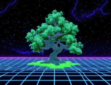 Retro futuristic tree on a gridded space
