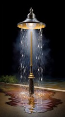 Creative Design of a Vintage Street Lamp Fountain with Flowing Water and Illuminated Light Fixture