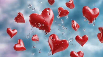 Vibrant Red Hearts Floating in a Dreamy Sky with Water Droplets, Symbolizing Love and Affection