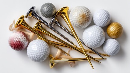 Assorted Golf Balls and Tees in Various Colors and Textures on a Light Background for Sports Enthusiasts