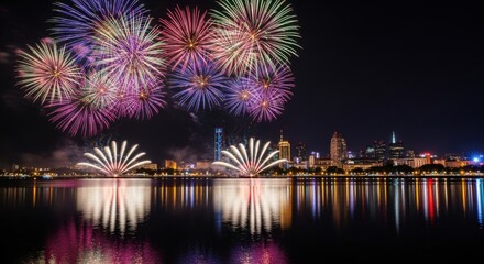 Fototapeta premium Vibrant Fireworks Display Illuminating the City Skyline Reflected in Calm Water