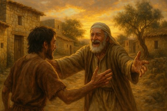 Prodigal son returning home to father's embrace with open arms and forgiveness - Powered by Adobe