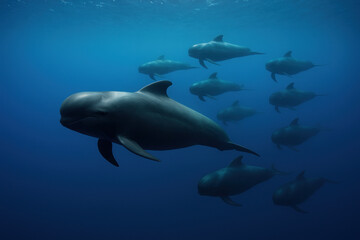Fototapeta premium Pod of Pilot Whales in Deep Blue Ocean, Photo