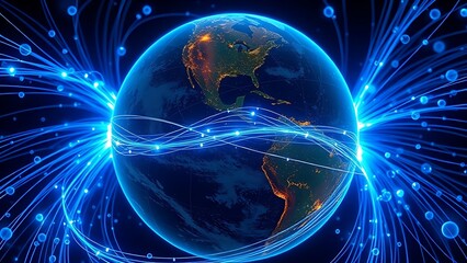 Obraz premium Earth's magnetic field visualized as glowing blue threads weaving through oxygen molecules.