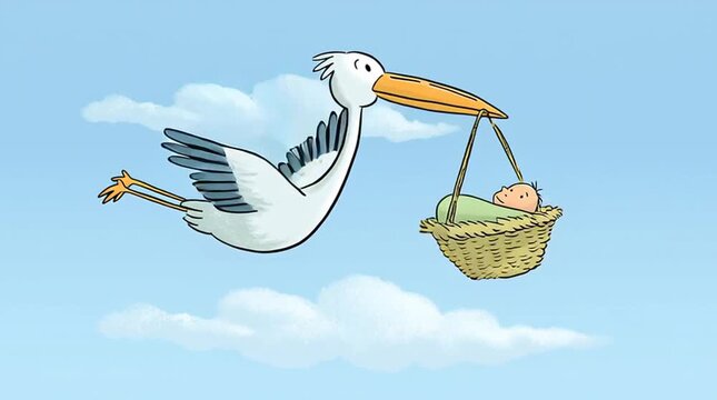 Animation stork carrying wicker basket with baby
