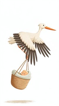 Animation stork carrying wicker basket with baby