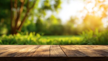 Empty wooden table in a blurred green park setting
