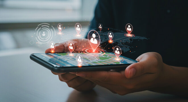 global Social Network and Location Sharing: A Person Holding a Smartphone with a World Map Interface, Displaying Connected User Icons and Geographic Pins - Powered by Adobe