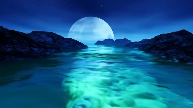 Serene Nightscape: Moonlit River Flowing Through Mountains