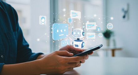 A person uses a smartphone to chat with a futuristic AI chatbot, symbolizing digital customer service and smart technology