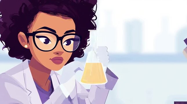 Animation of black female scientist working in chemistry lab with technology equipment