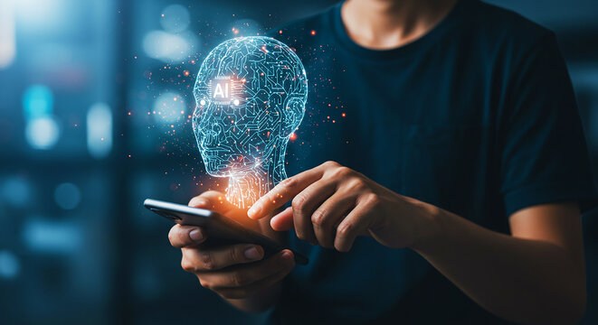 A person interacts with a futuristic, glowing AI head on a smartphone, symbolizing artificial intelligence and digital technology
