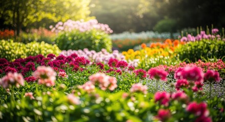 Obraz premium Softfocus image of a garden filled with blooming flowers and vibrant foliage.