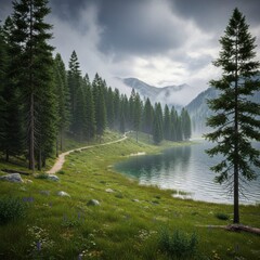 Serene Lake Surrounded by Lush Green Forest and Majestic Mountains Under a Cloudy Sky
